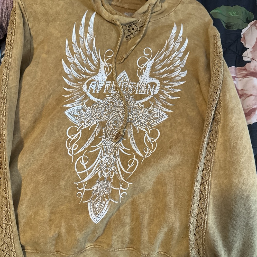 Affliction Mustard Hoodie with White Wing Graphic